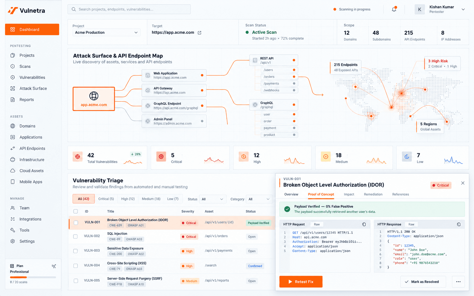 Live VAPT dashboard with IDOR finding and exploit proof